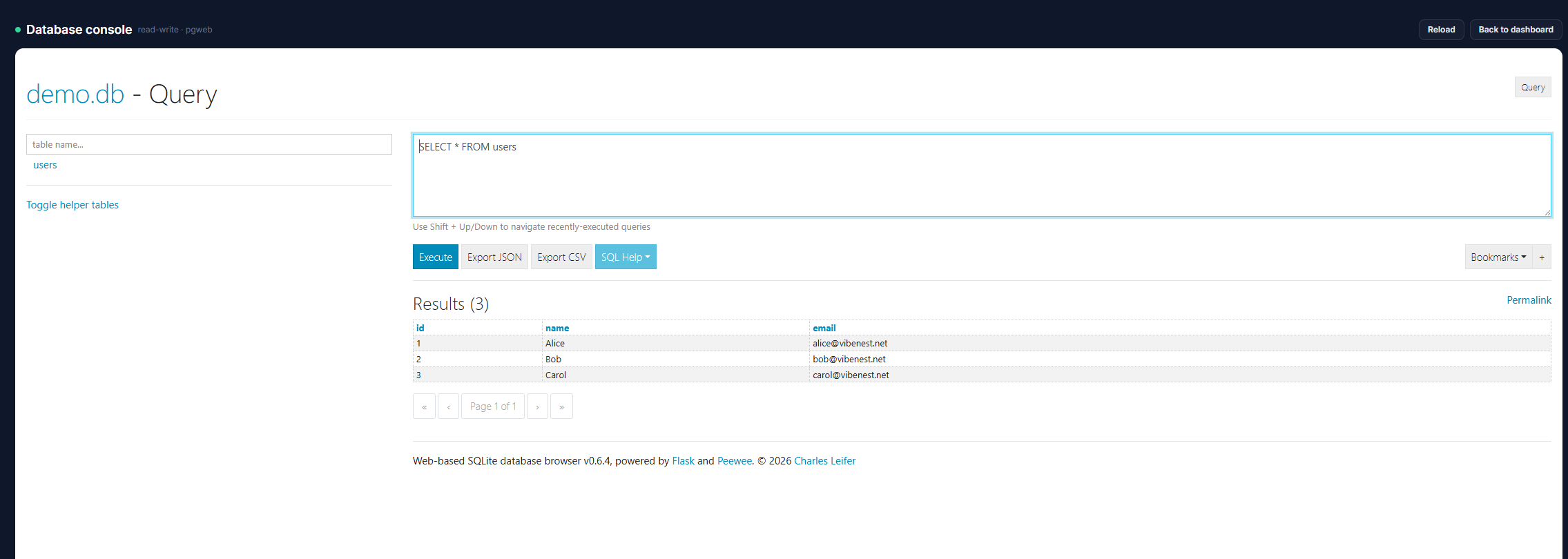 SQLite database console running a SELECT query