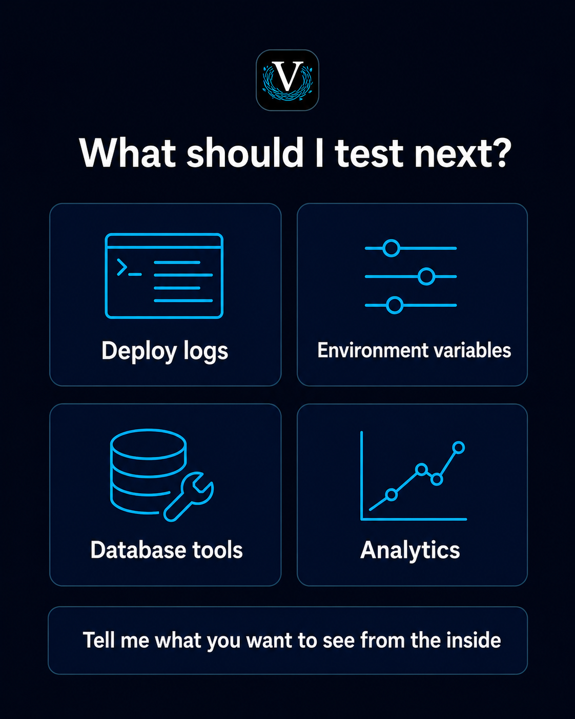 VibeNest audience question asking which area to improve next — deploy logs, environment variables, database tools, or analytics.
